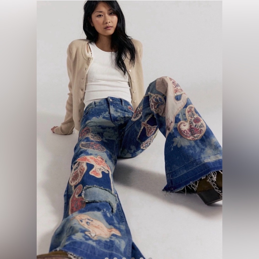 Free People Flying High Patched Jeans We The Free Embroidered Birds Print Blue